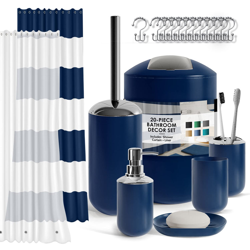 Clara Clark navy bathroom set collection keeps counters neat and coordinated.