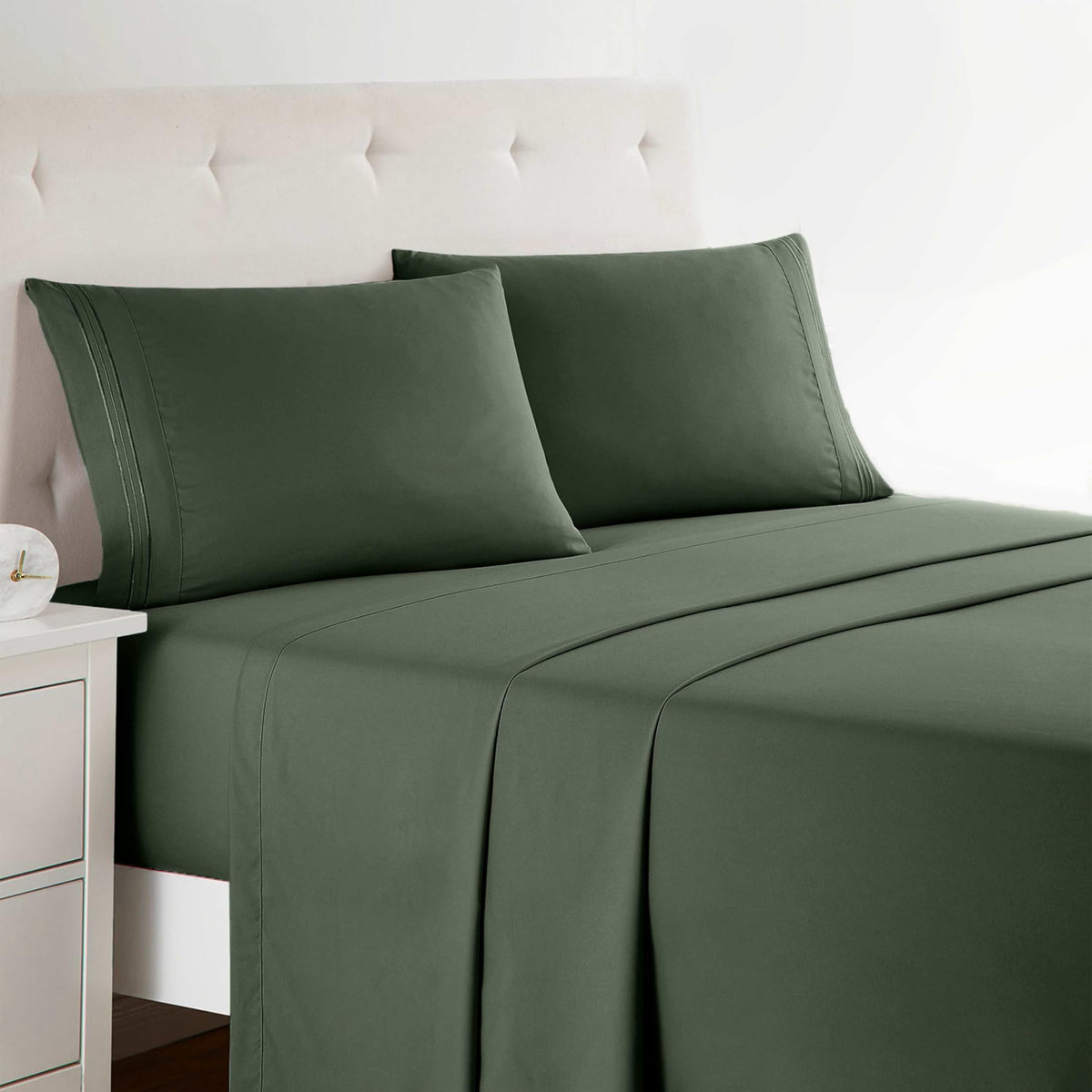 Clara Clark Premier 1800 olive green sheet set folded, hotel-style ready.