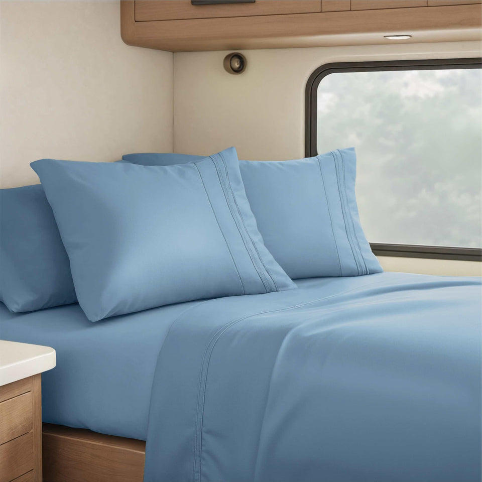 Clara Clark RV queen sheets Blue Heaven showcase ultra-soft microfiber for cooler, comfortable RV nights