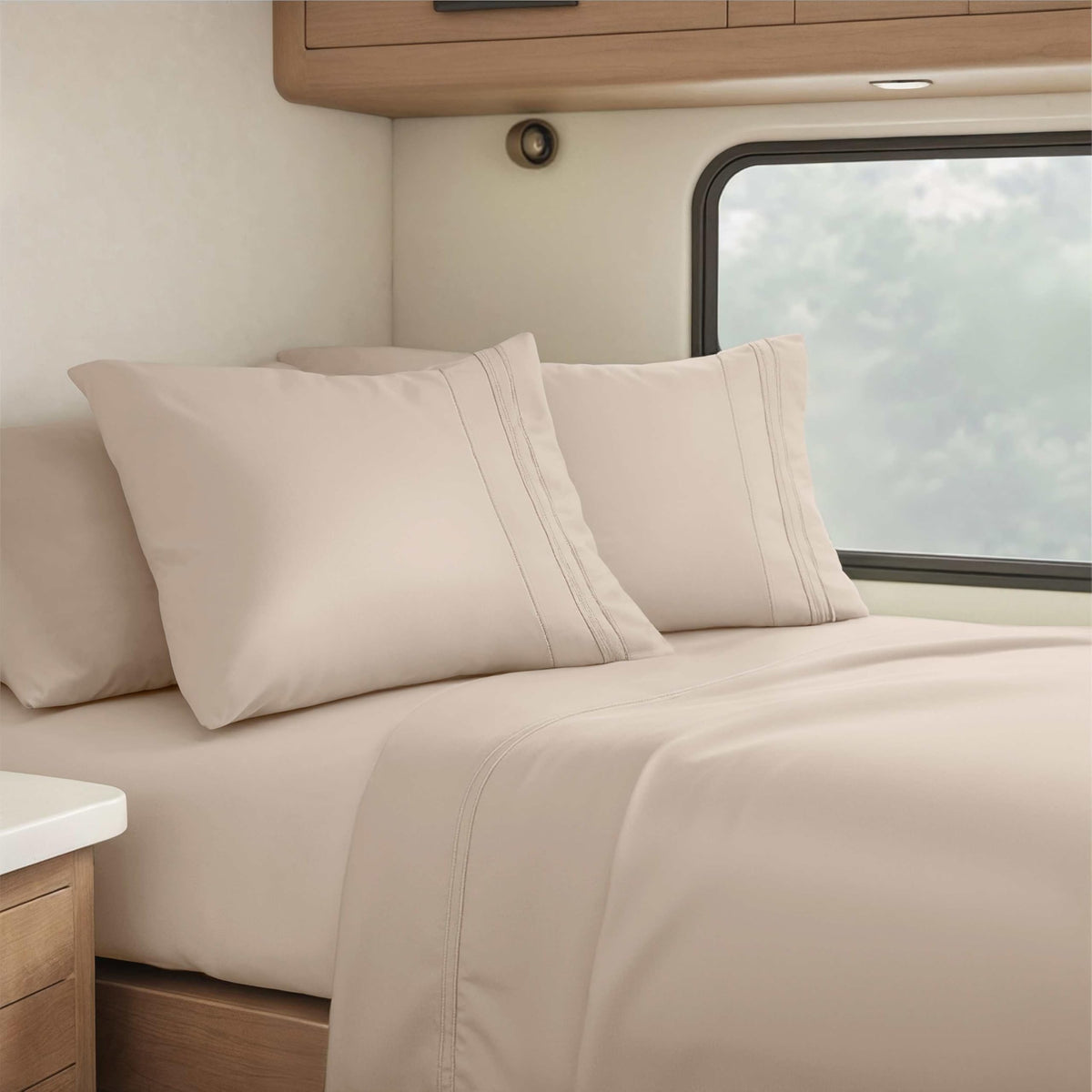 Clara Clark RV Queen Sheets low-profile fit for compact mattresses with secure, snug bedding.
