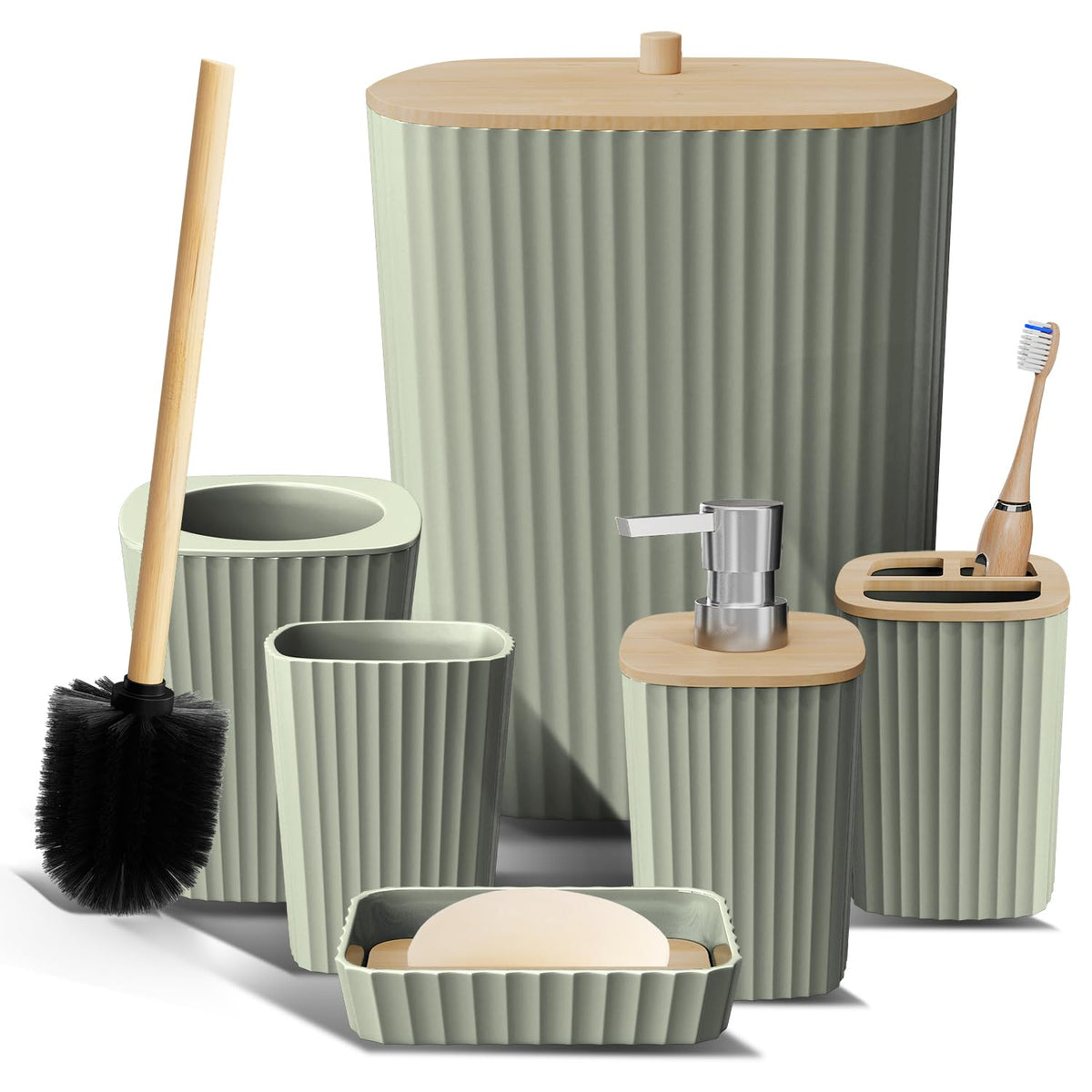 Clara Clark Sage Green bathroom set overview on counter for cohesive storage