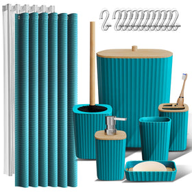 Clara Clark teal bathroom collection arranged for a cohesive spa-inspired look.