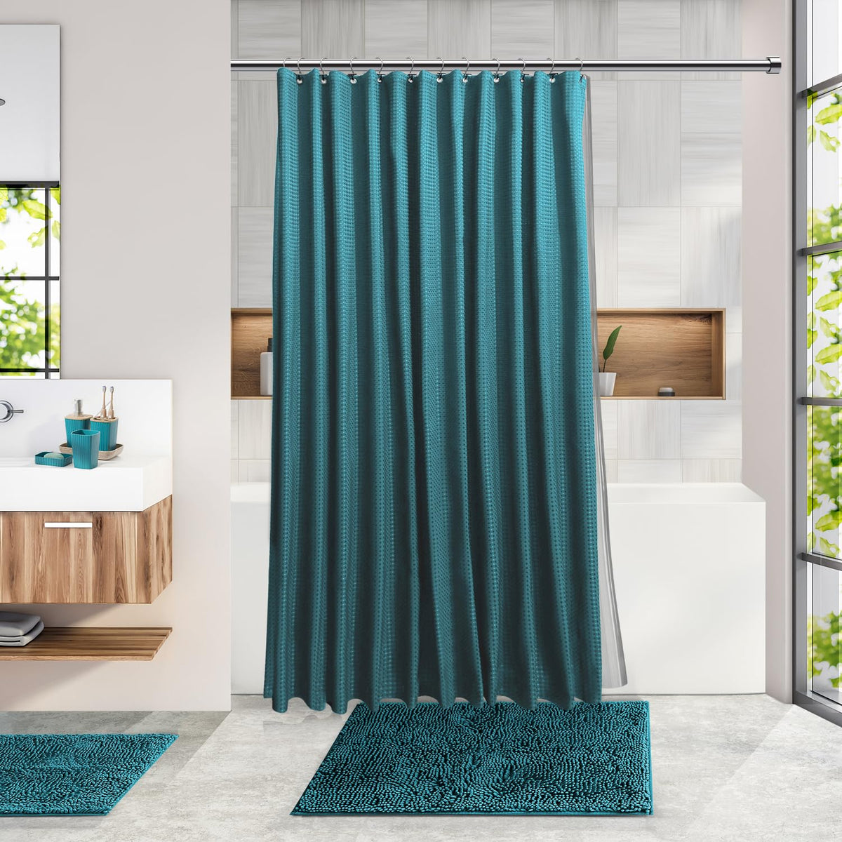 Clara Clark teal trash can simplifies bathroom waste with style.