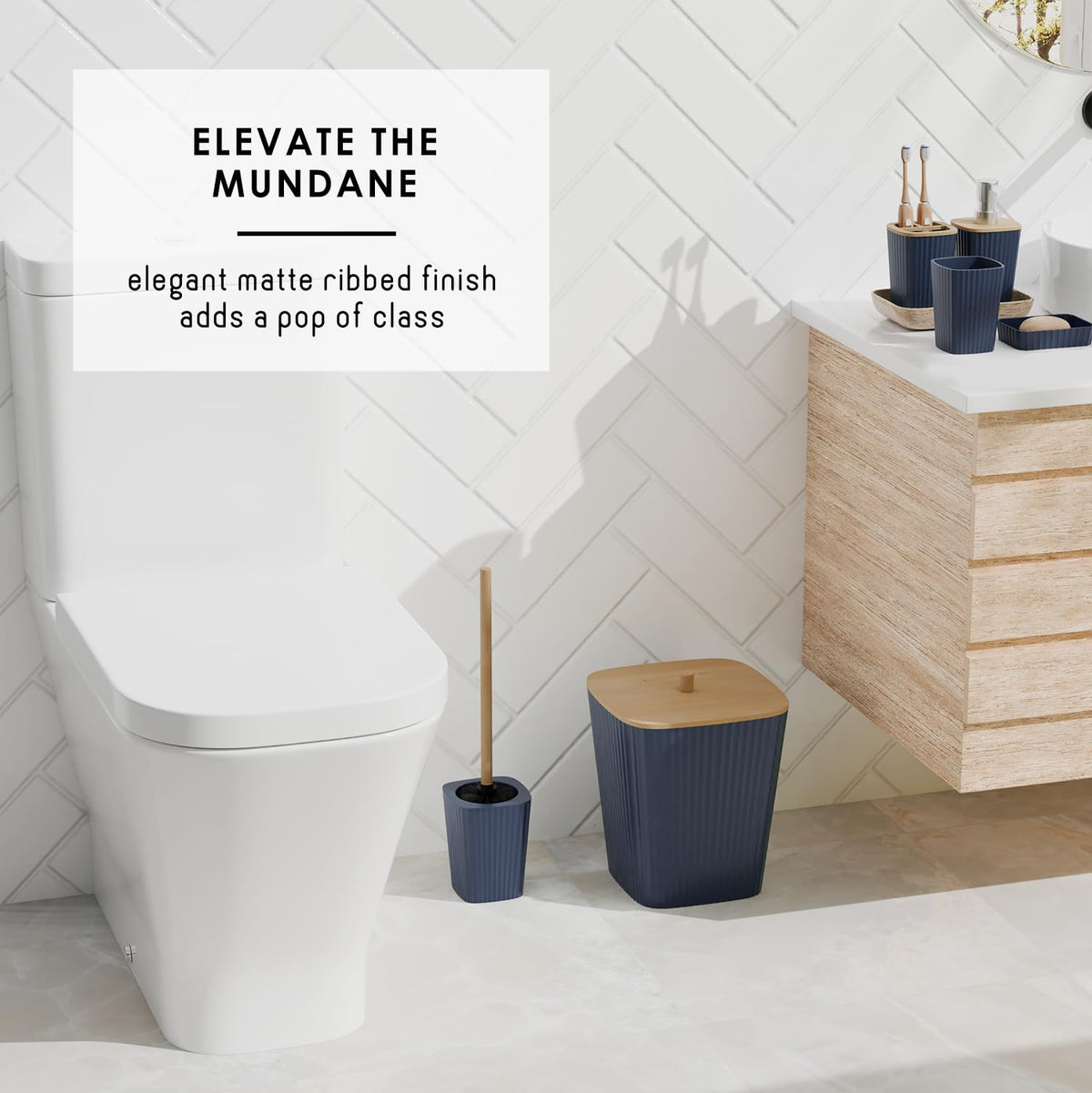 Clara Clark navy blue toilet brush holder keeps bathroom essentials neatly stored.