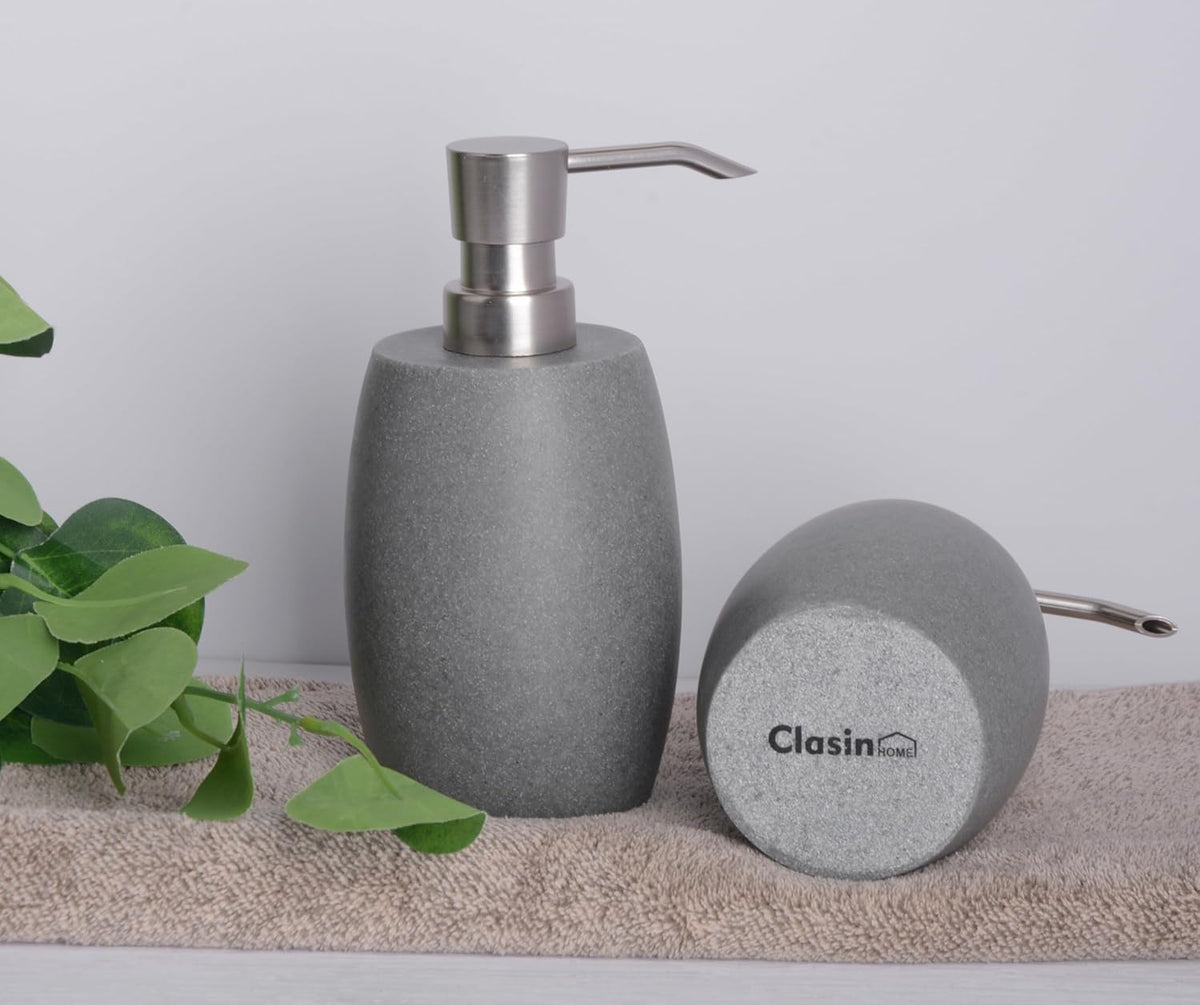 Clasin Home two dispensers displayed on a bathroom shelf for easy access.