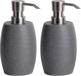 Clasin Home sandstone textured resin dispenser with metallic pump in gray, 12 oz capacity.