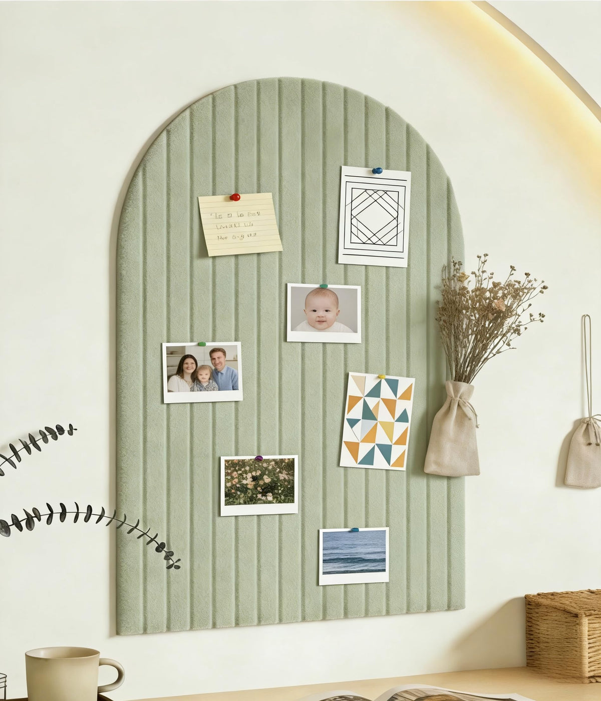 Clavorae large arched felt bulletin board in sage green for versatile wall decor and photo displays.