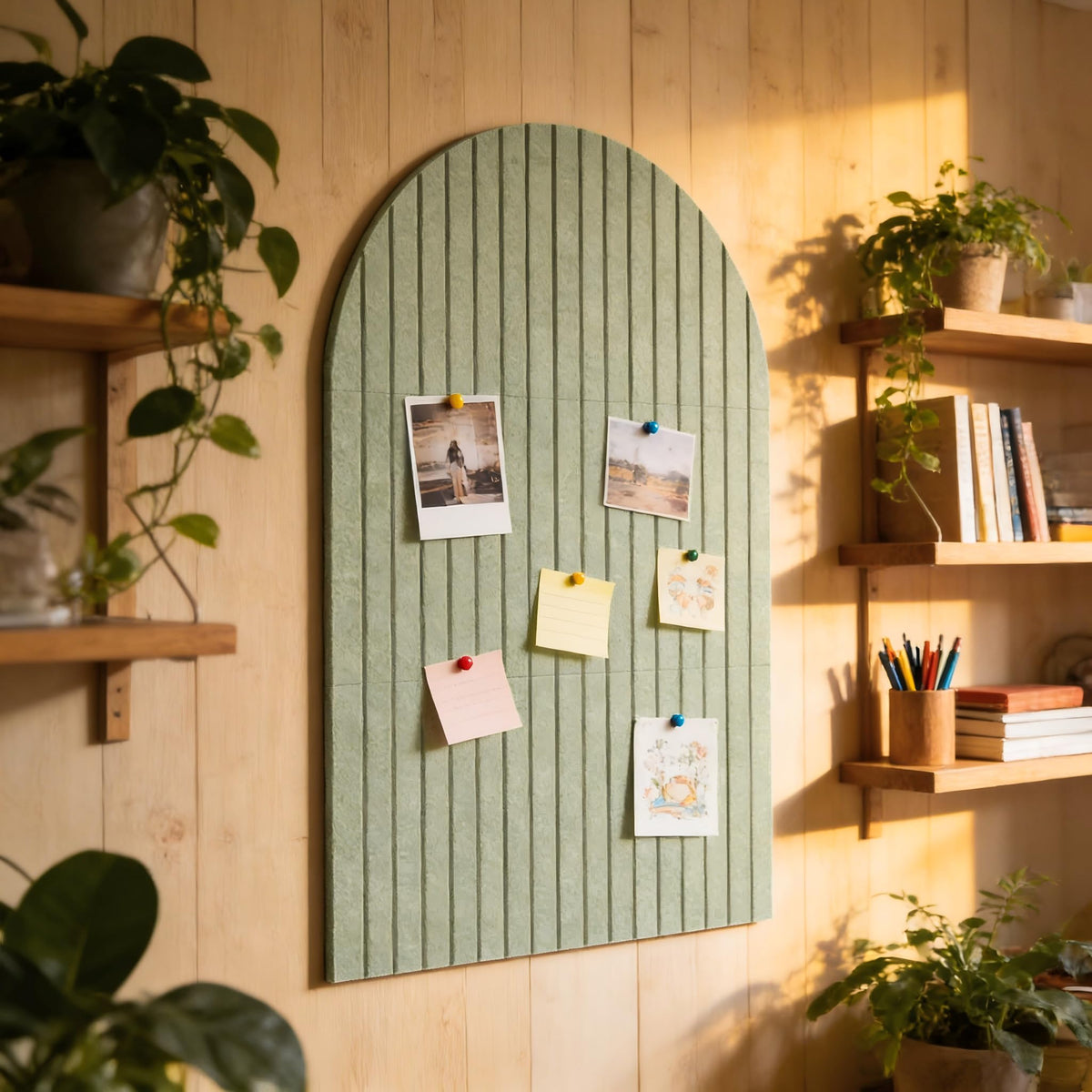 Clavorae office wall decor featuring a sage green felt board.