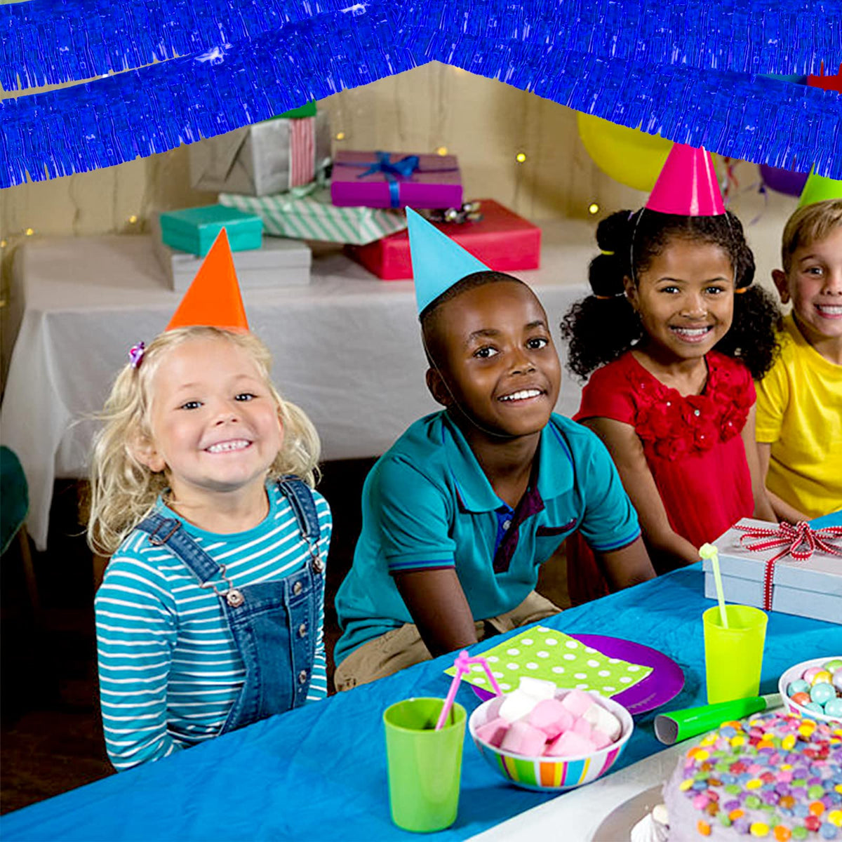 Clayghsen blue fringe garland pairs with other colors for creative scenes.