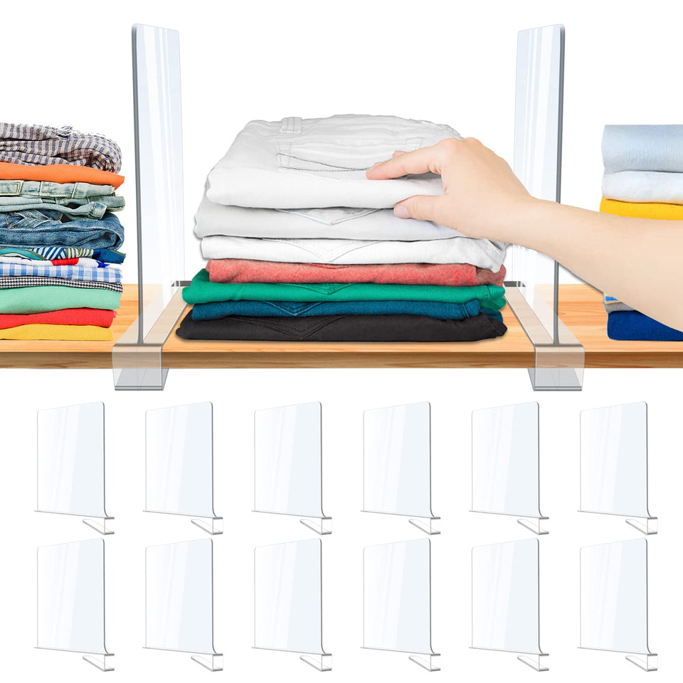 clbutge acrylic shelf divider on a shelf for organized closet storage