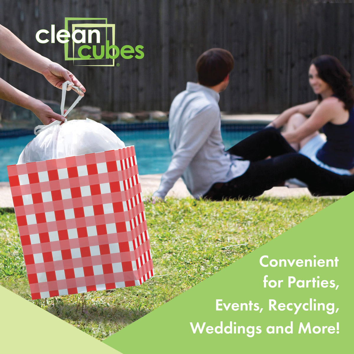 Clean Cubes three-pack with fitted bags ideal for party trash and recycling