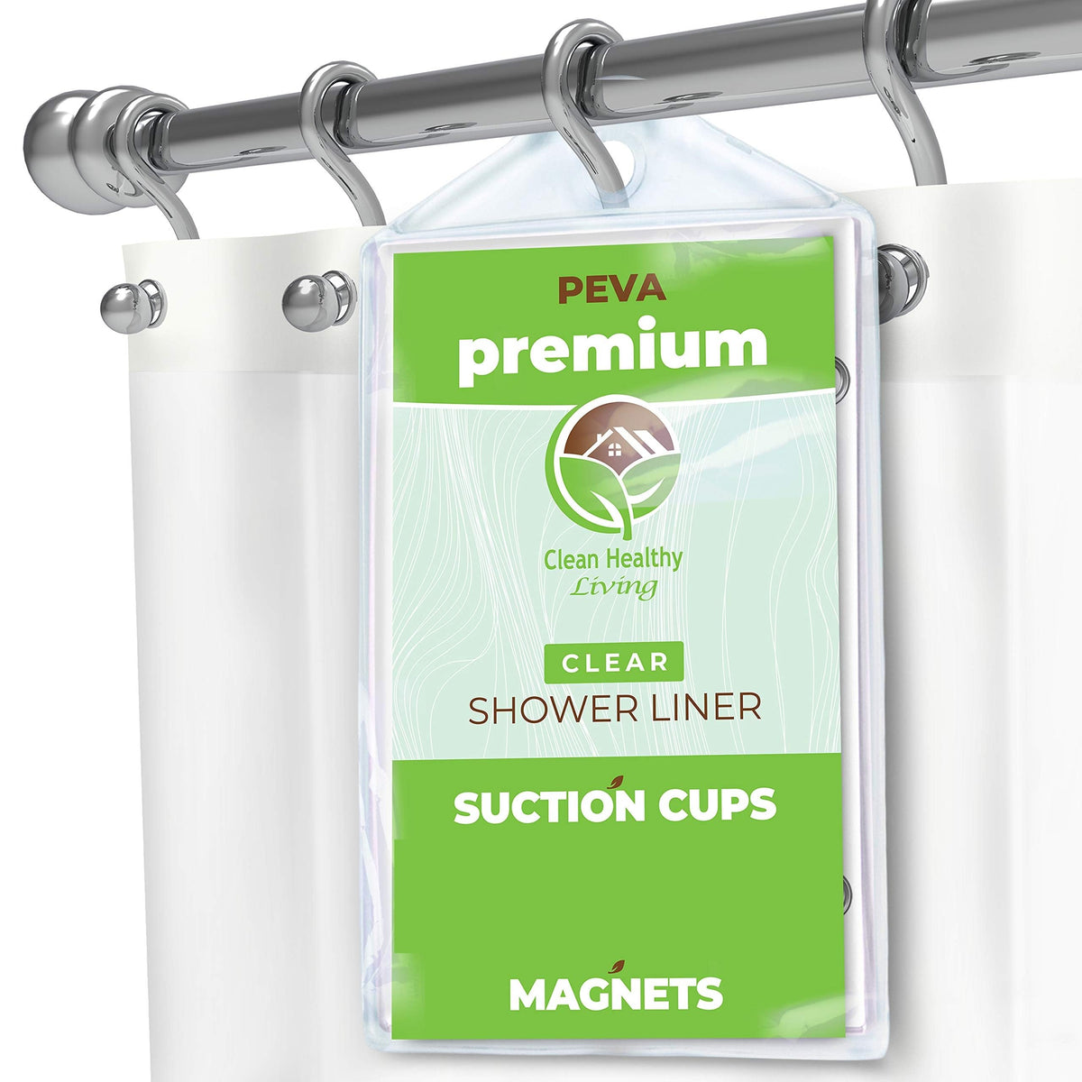 Clean Healthy Living PEVA clear curtain with magnets for secure hang and stable shower use.
