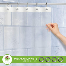 Clean Healthy Living PEVA clear curtain features durable, soft material that resists warping under hot water.