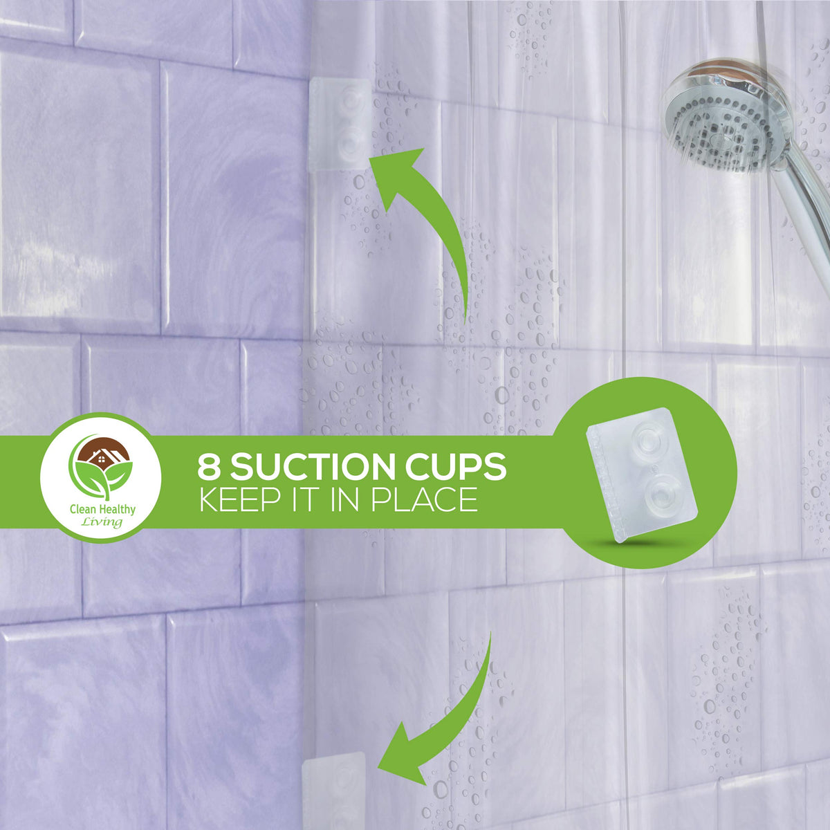 Clean Healthy Living PEVA clear curtain with suction cups for quick setup and steady fit.