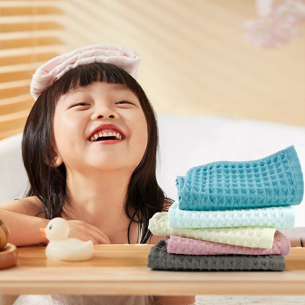 Cleanbear waffle wash cloths in pale pink for delicate skin care