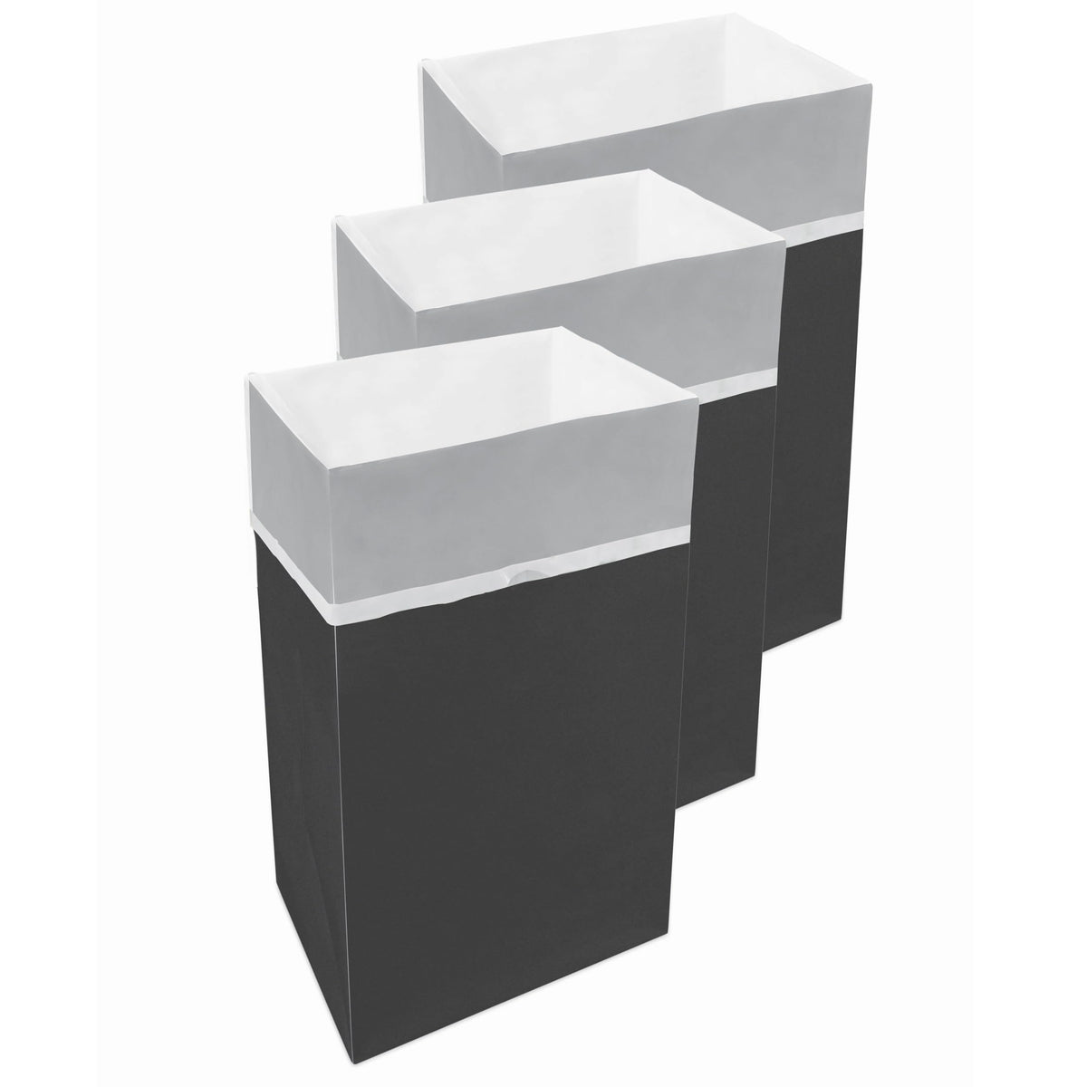 Clean Cubes 30-gallon folded trash can saves space for quick party setup.