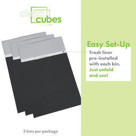 Clean Cubes three-pack trash bins with fitted bags for mess-free disposal.