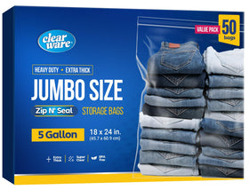 CLEARWARE 5-gallon zipper-top bags offer clear visibility for fast organization