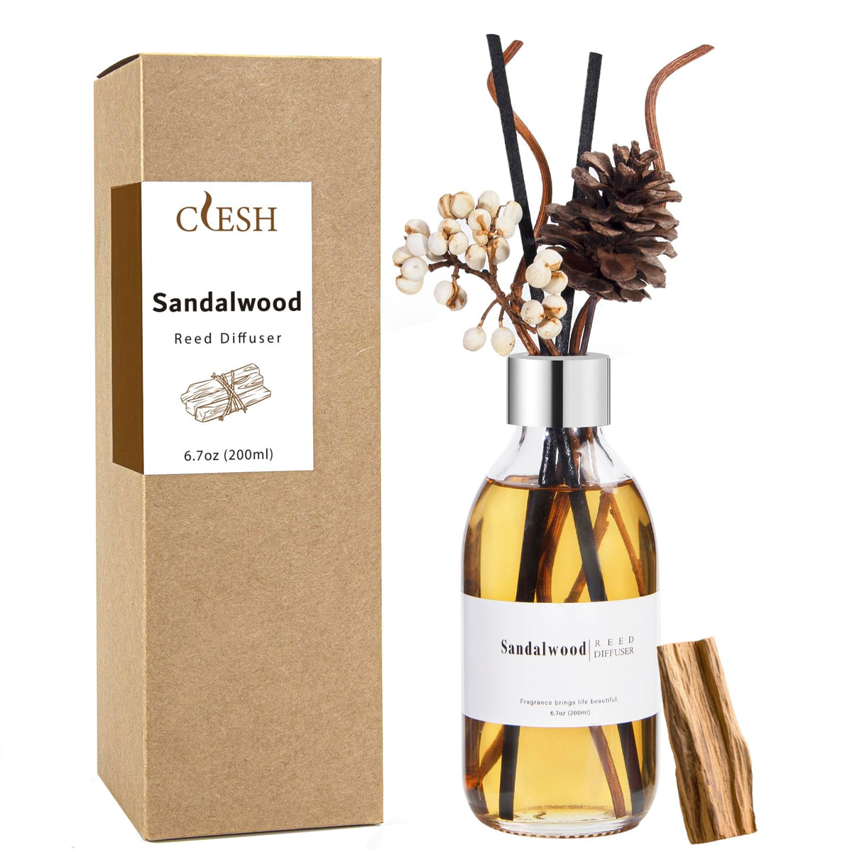 CLESH reed diffuser sandalwood bottle delivers a calm, long-lasting aroma for living spaces.