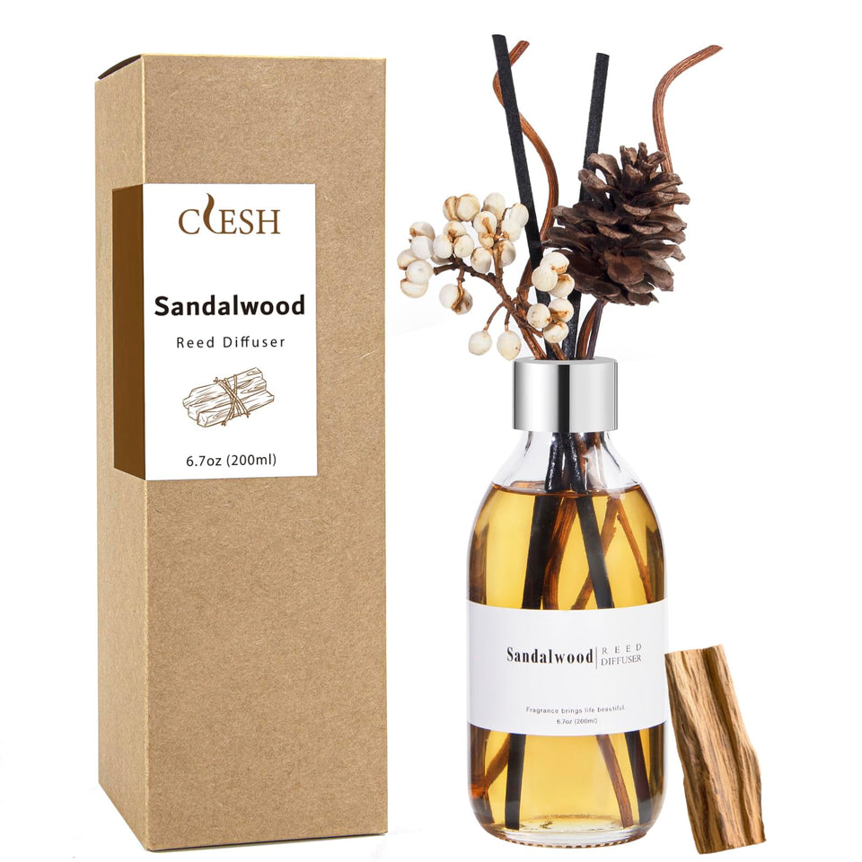 CLESH reed diffuser sandalwood bottle delivers a calm, long-lasting aroma for living spaces.