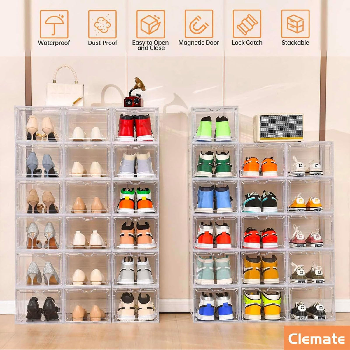 Clemate drop-front door design for easy access and organized footwear