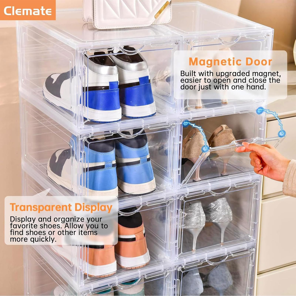 Clemate interlocking stackable boxes prevent tipping during closet use