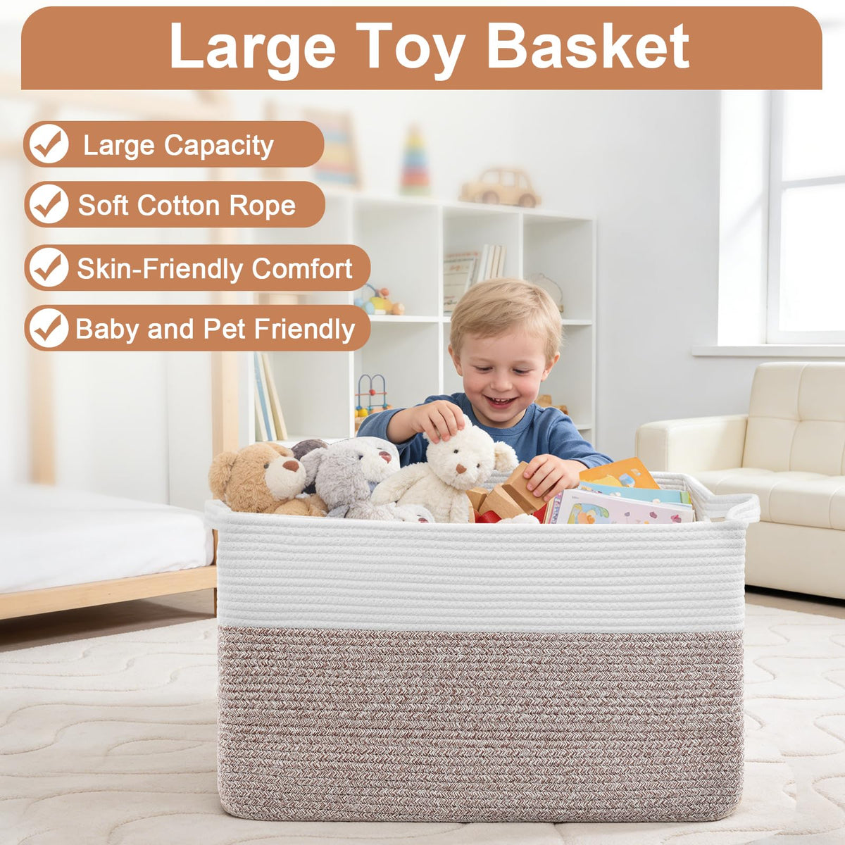 ClenClever basket in a living room displaying decorative balance of white and brown.