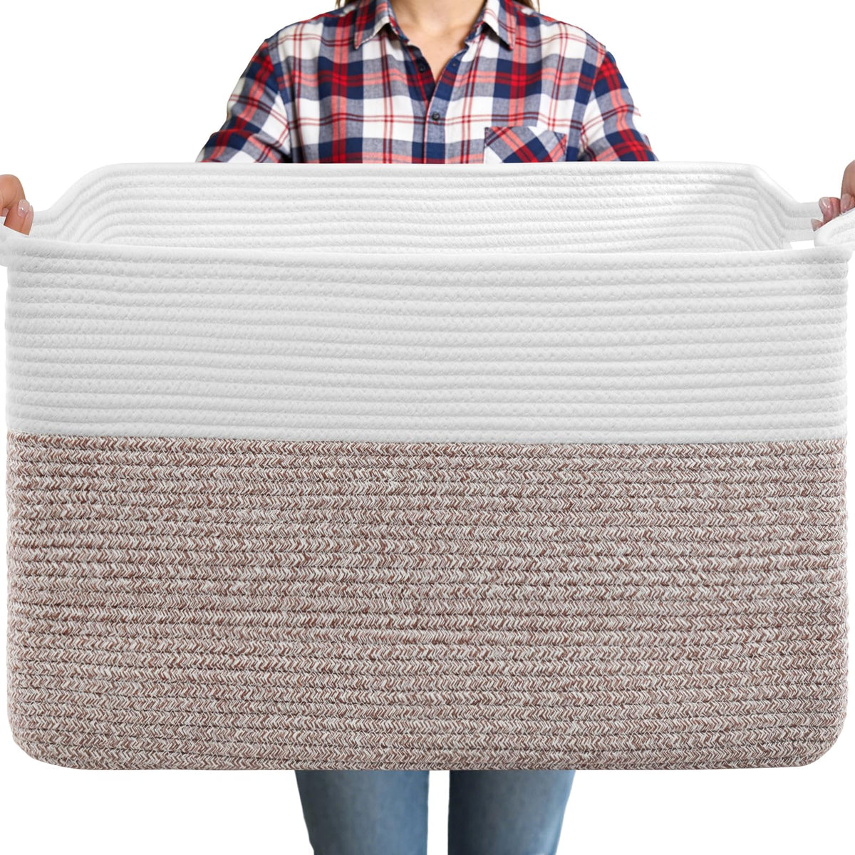 ClenClever 75L blanket basket in white and brown with handles for versatile storage.