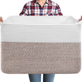ClenClever 75L blanket basket in white and brown with handles for versatile storage.
