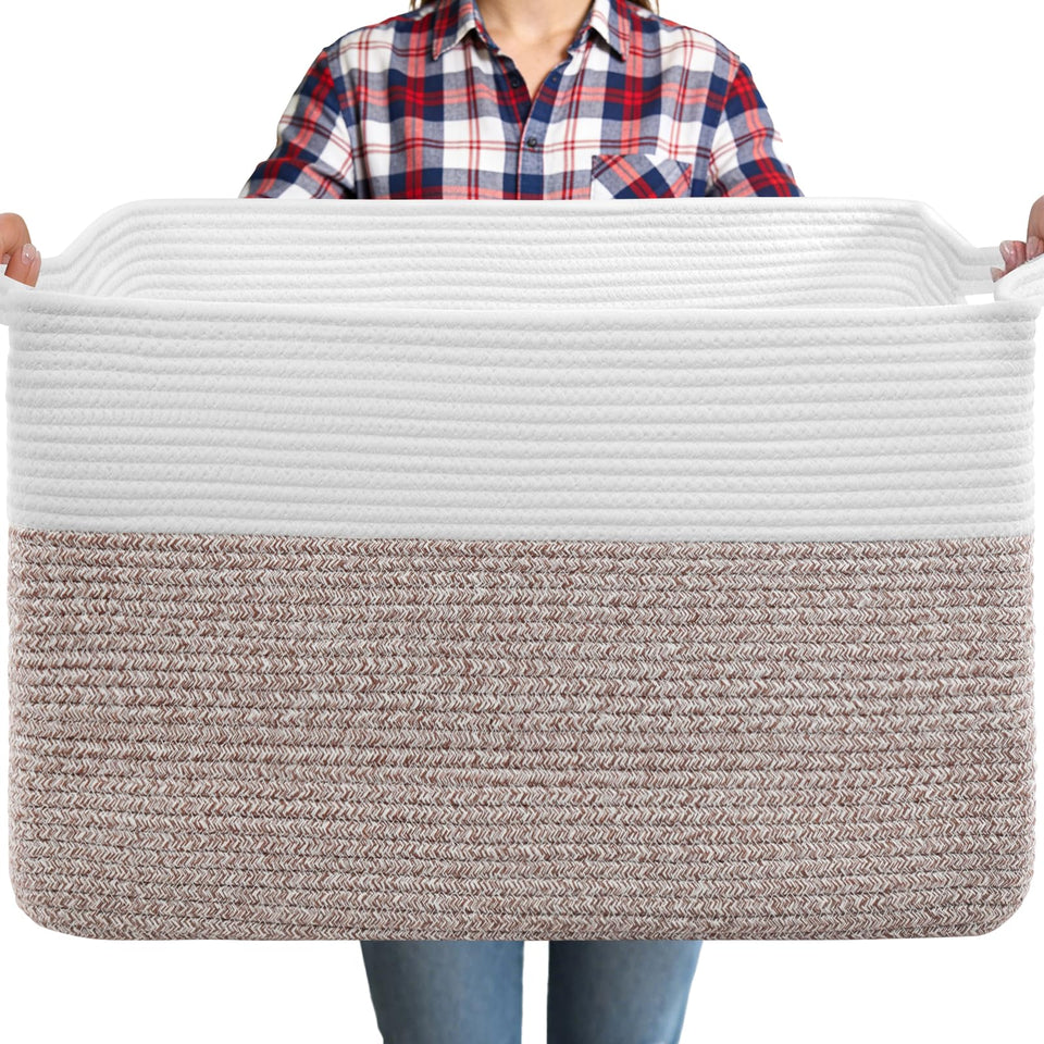 ClenClever 75L blanket basket in white and brown with handles for versatile storage.