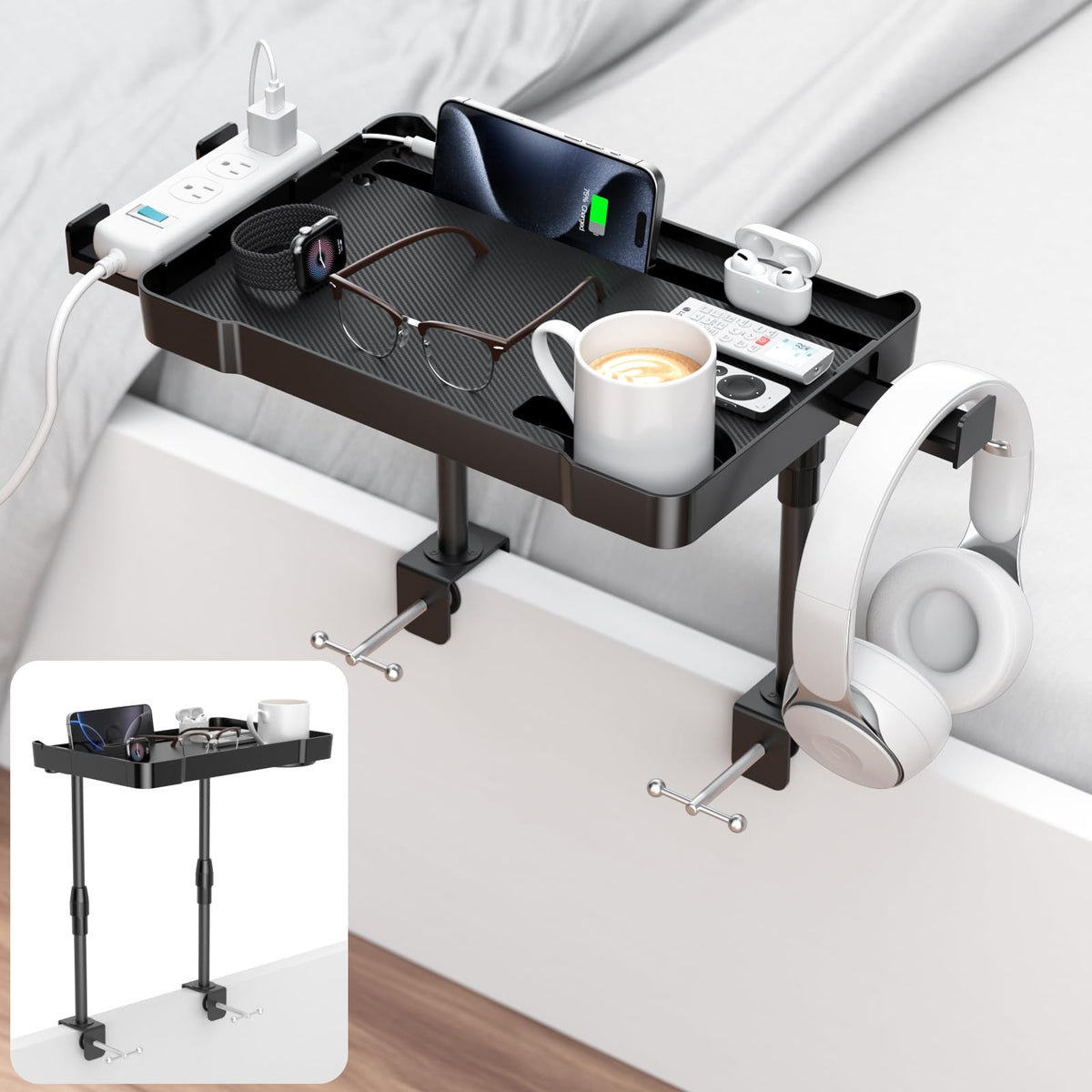 CLESOO bedside shelf with cup holder keeps drinks within reach.