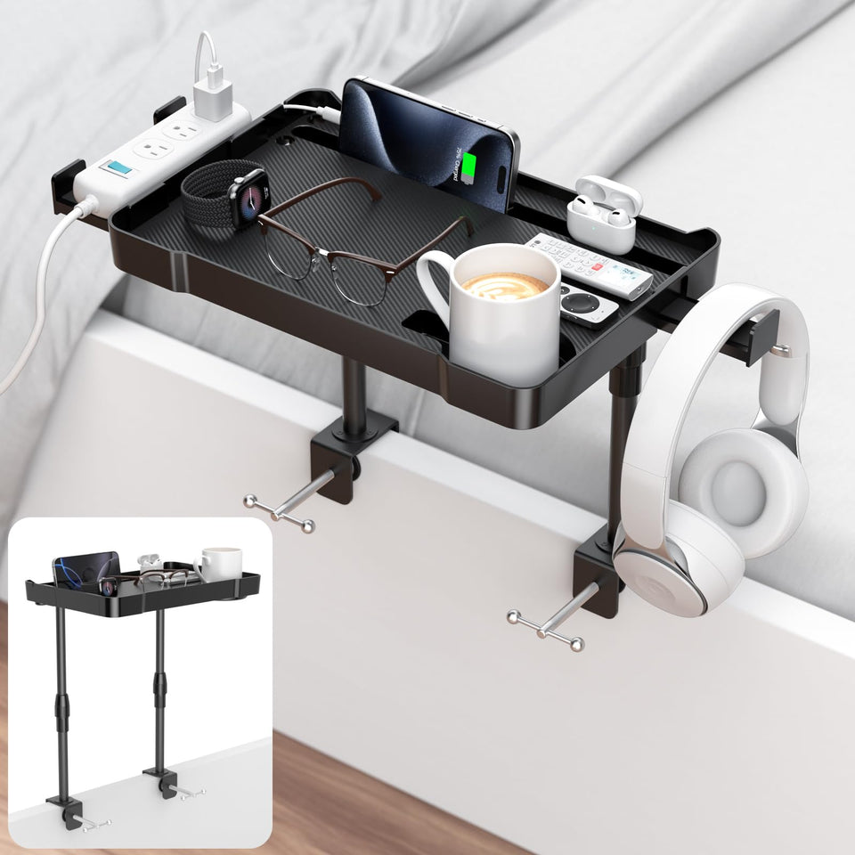 CLESOO bedside shelf with cup holder keeps drinks within reach.