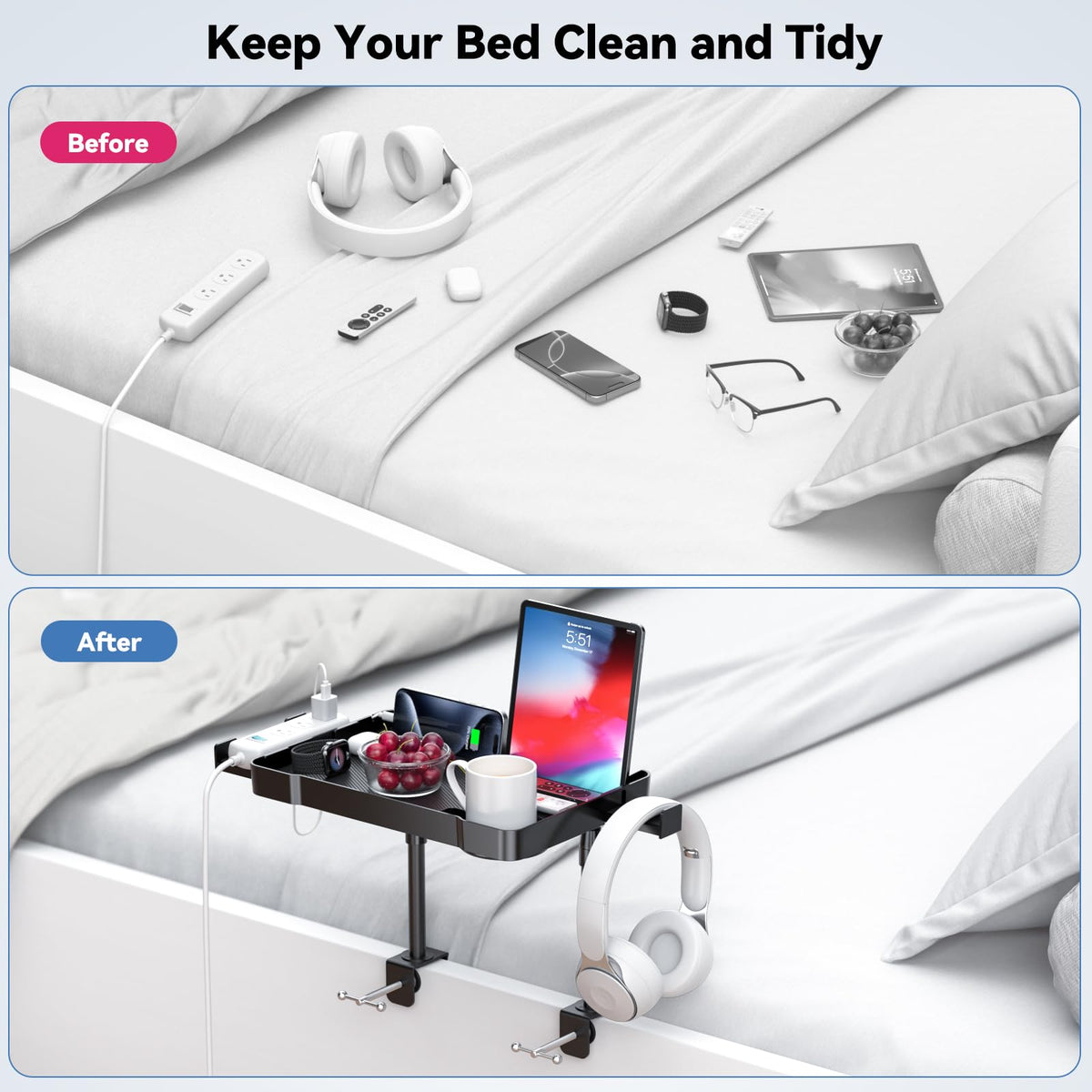 CLESOO easy-assembly bedside tray makes setup quick.