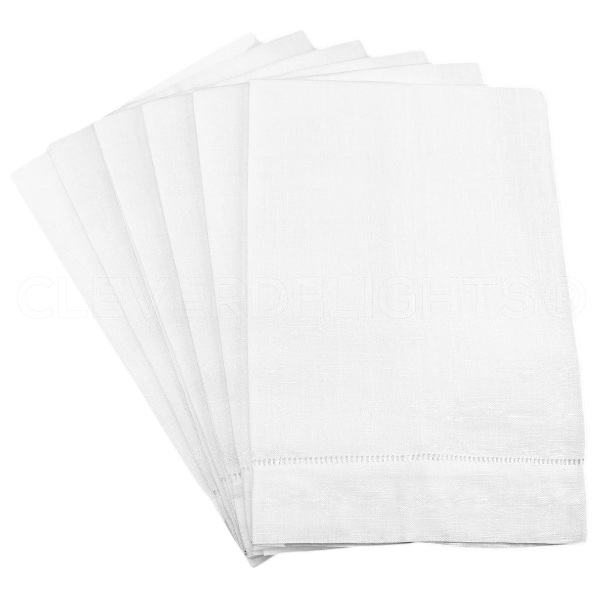 CleverDelights white linen fingertip towels, front view, ideal for decorative kitchen use.