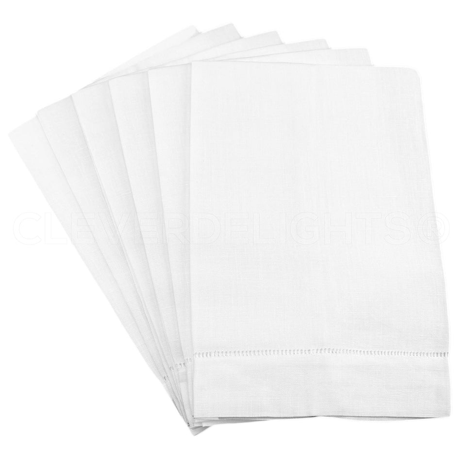 CleverDelights white linen fingertip towels, front view, ideal for decorative kitchen use.