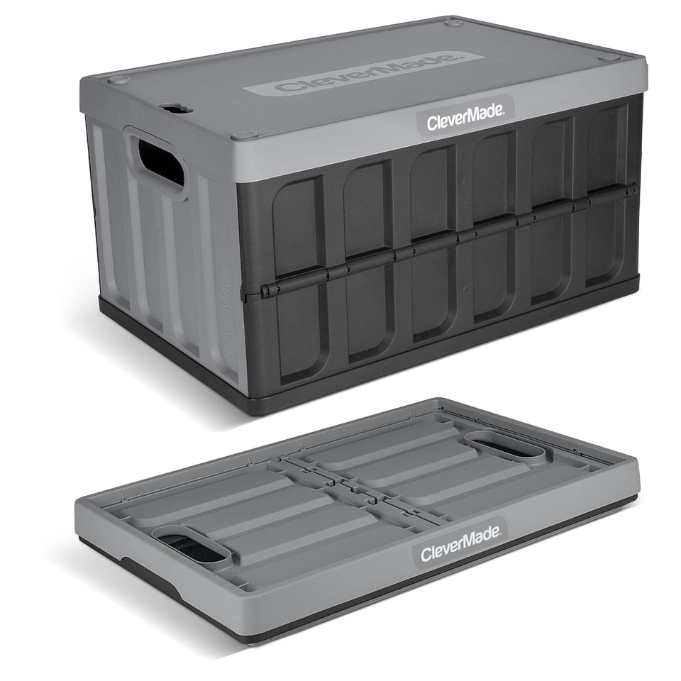 CleverMade 62L collapsible storage bin with lid, ideal for groceries and bulk storage.