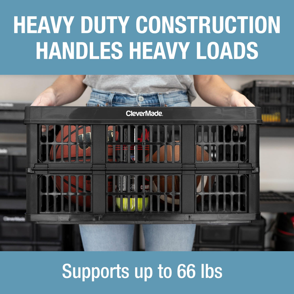 CleverMade 45L crate with 66 lb capacity for heavy groceries and gear