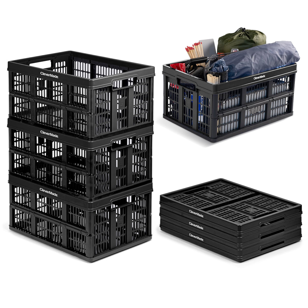 CleverMade Collapsible Crate Obsidian open for quick access and organization.