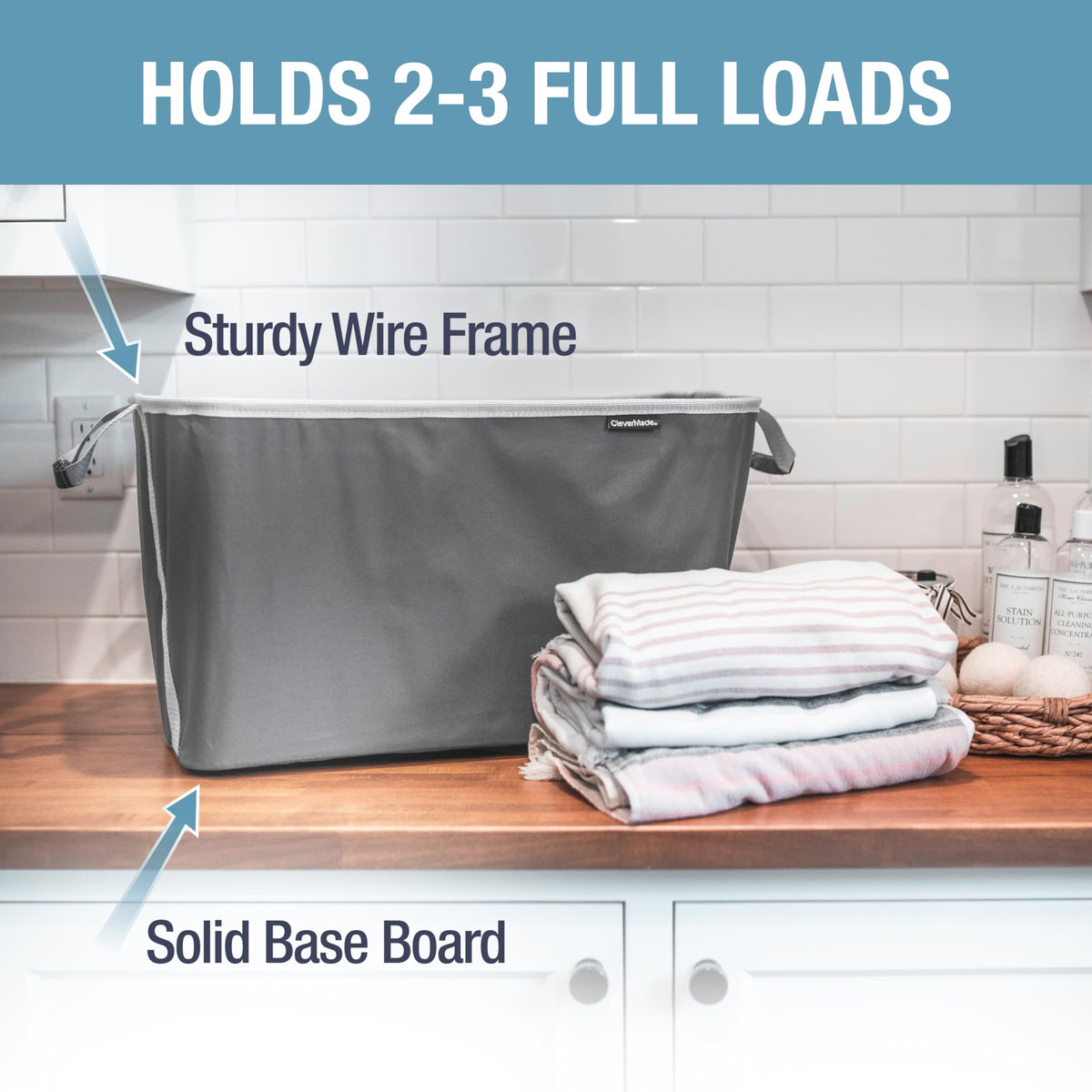 CleverMade collapsible laundry basket folded flat saves space.