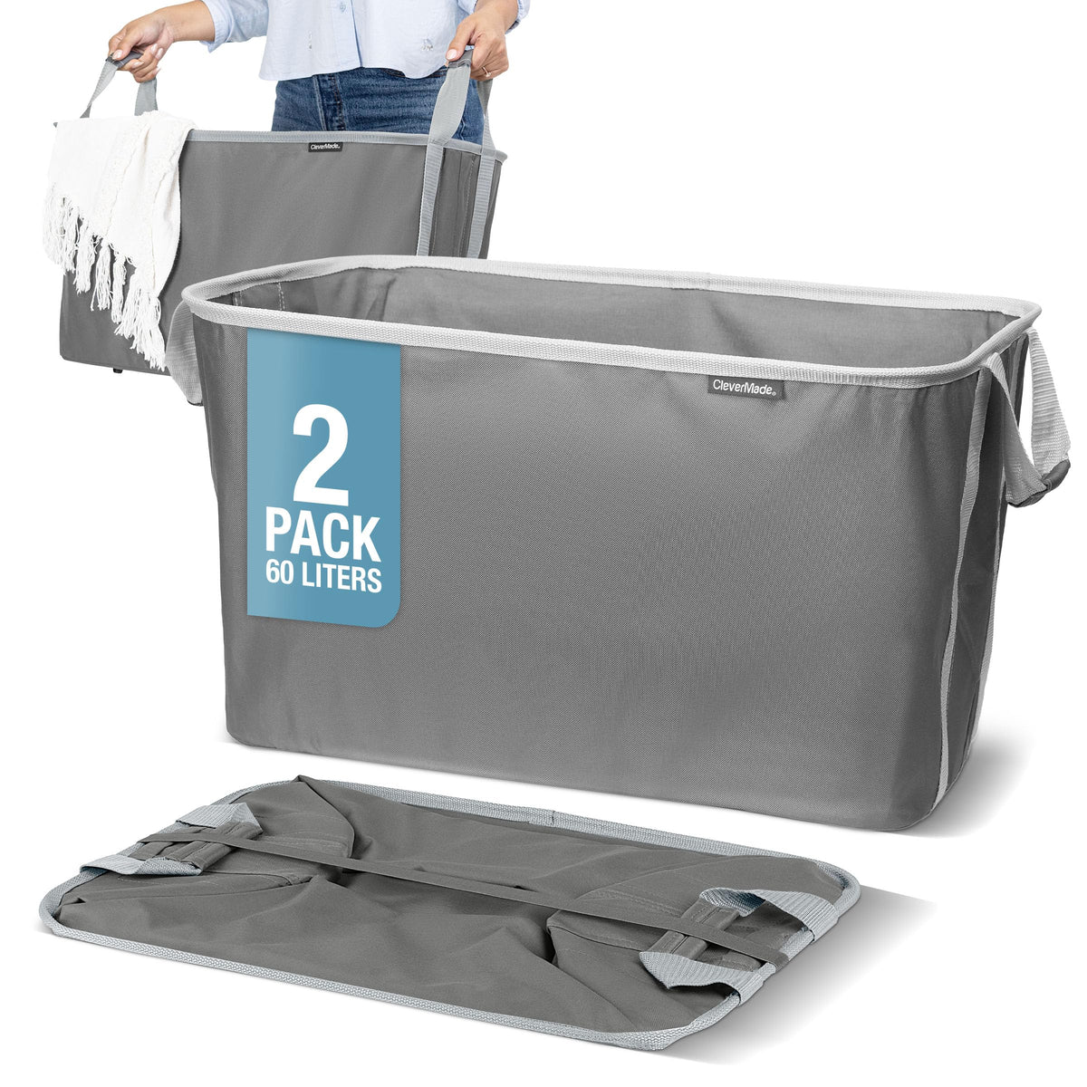 CleverMade collapsible laundry basket open shows 60L capacity for a full load.