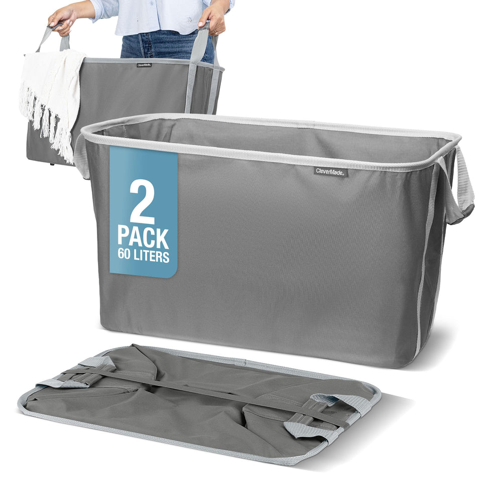 CleverMade collapsible laundry basket open shows 60L capacity for a full load.