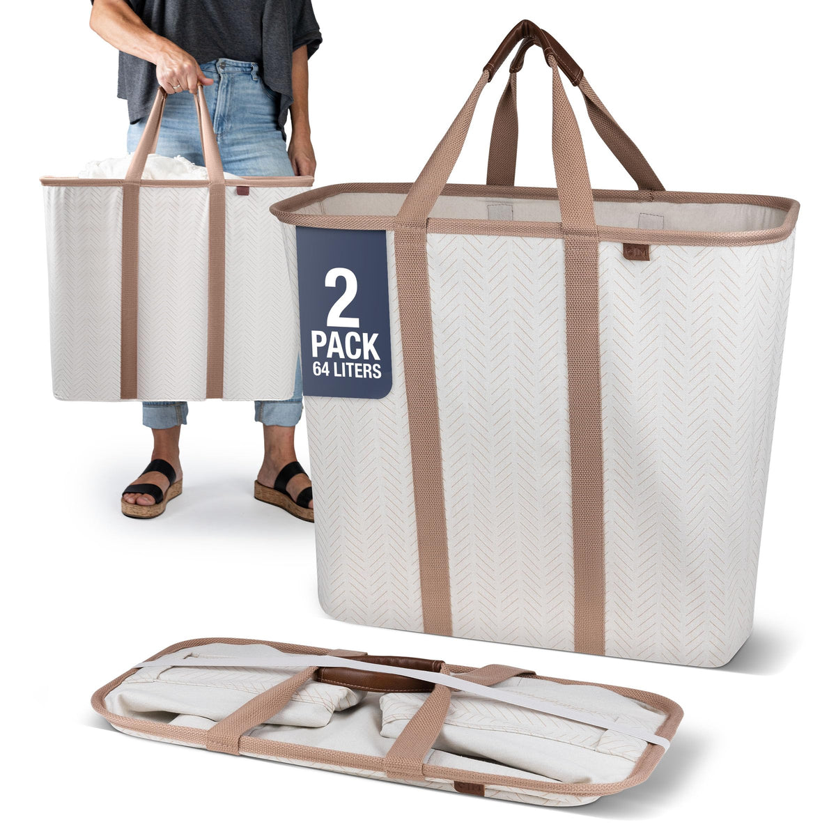 CleverMade Collapsible Laundry Caddy opened to show 64L capacity for sorting.