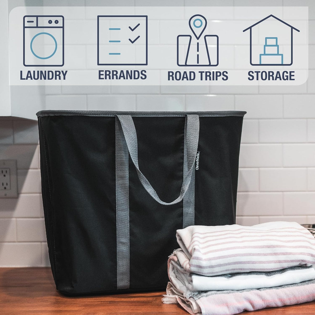 CleverMade Collapsible Laundry Caddy sturdy steel rim supports heavy loads.