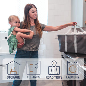 CleverMade collapsible laundry tote denim one-hand carry for easy hallway transport