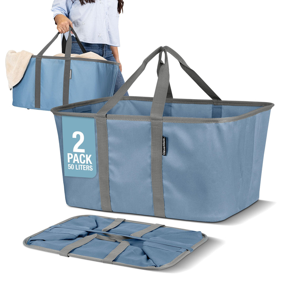 CleverMade collapsible laundry tote denim, open, showing 50L capacity for laundry transport