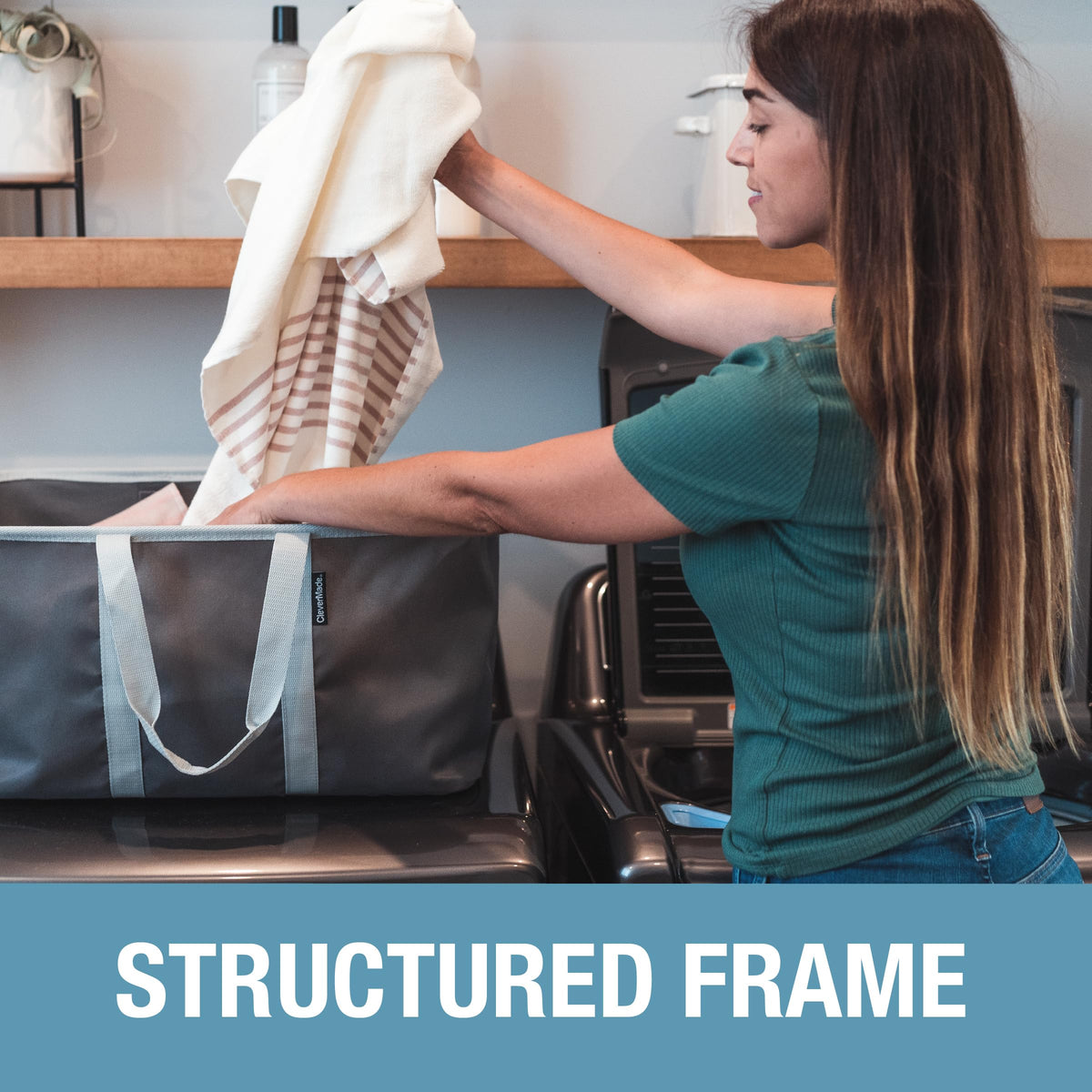 CleverMade collapsible laundry tote denim with reinforced frame supports heavy loads