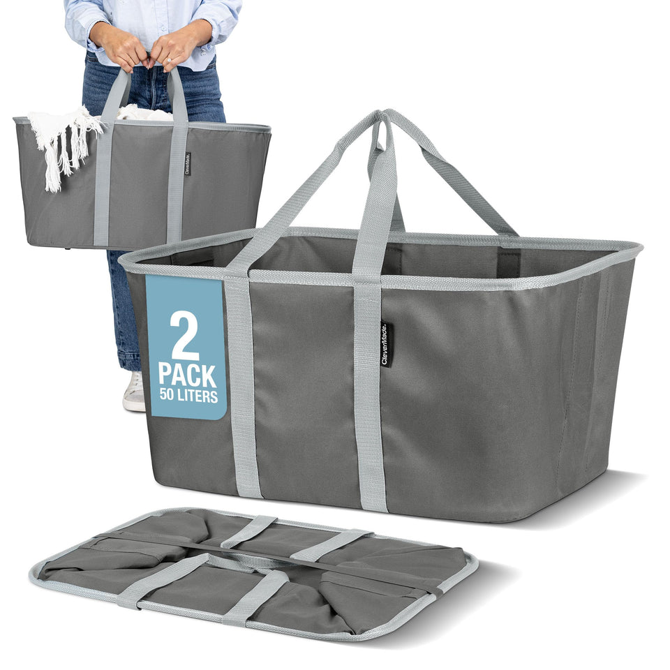 CleverMade Collapsible Laundry Tote open with a full load for easy transport