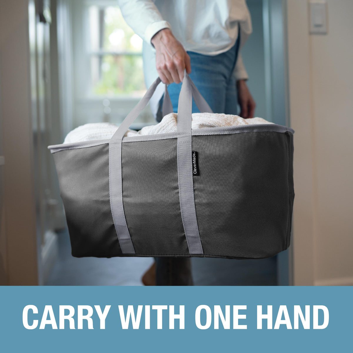 CleverMade Collapsible Laundry Tote center handles for balanced one-hand carry