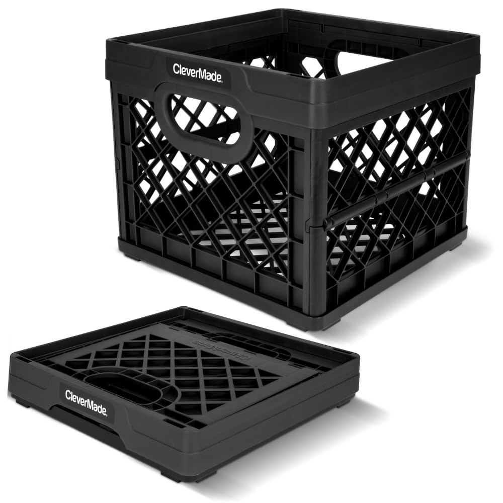 CleverMade collapsible milk crate in obsidian demonstrates compact transport and space-saving storage.