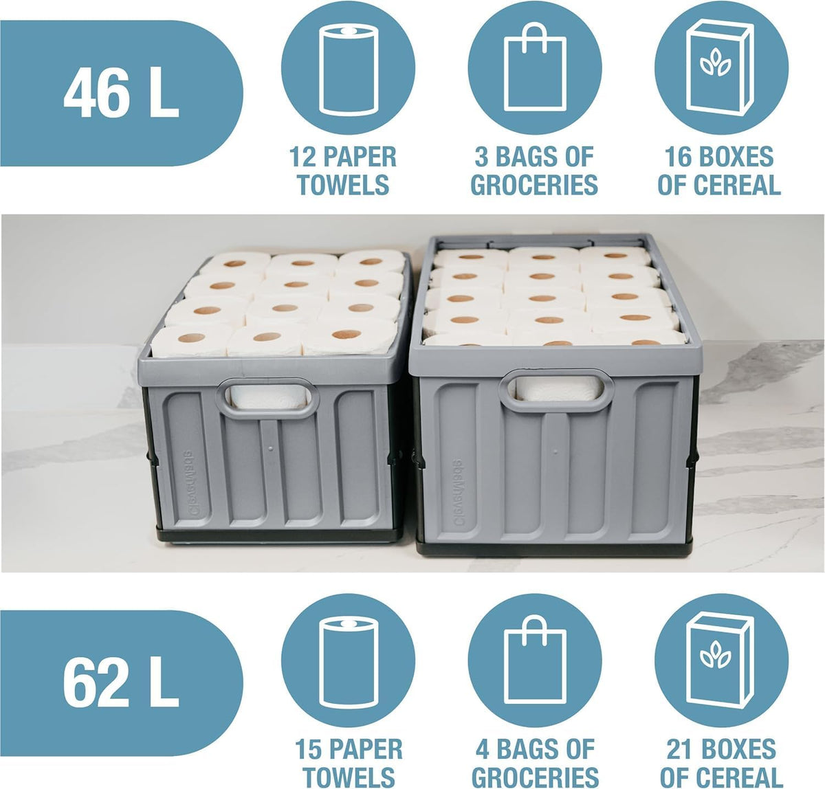 CleverMade versatile bin for garage, home, car trunk, or camping storage.
